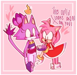 Size: 1704x1661 | Tagged: safe, artist:sadmapache02, amy rose, blaze the cat, cat, hedgehog, 2022, amy x blaze, amy's halterneck dress, blushing, cute, english text, female, females only, fingerless gloves, flame, hearts, lesbian, mouth open, shipping