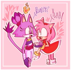 Size: 1704x1661 | Tagged: safe, artist:sadmapache02, amy rose, blaze the cat, cat, hedgehog, 2022, alternate version, amy x blaze, amy's halterneck dress, cute, english text, female, females only, fingerless gloves, flame, hearts, lesbian, looking at each other, mouth open, shipping