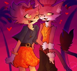 Size: 1582x1463 | Tagged: safe, artist:07locus, amy rose, blaze the cat, cat, hedgehog, 2021, amy x blaze, cute, female, females only, hearts, lesbian, mouth open, one eye closed, shipping