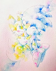 Size: 700x888 | Tagged: safe, artist:もい, miles "tails" prower, sonic the hedgehog, blushing, cute, duo, gay, holding each other, looking at each other, shipping, smile, sonic x tails, watercolor