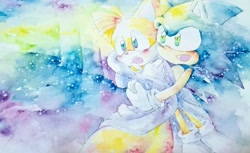 Size: 1000x612 | Tagged: safe, artist:もい, miles "tails" prower, sonic the hedgehog, blanket, blushing, cute, duo, gay, holding them, looking offscreen, mouth open, shipping, sonic x tails, watercolor