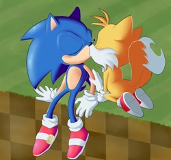 Size: 640x597 | Tagged: safe, artist:valdis-bard, miles "tails" prower, sonic the hedgehog, abstract background, blushing, duo, eyes closed, gay, kiss, kneeling, outdoors, shipping, sitting, sonic x tails