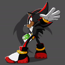 Size: 1816x1816 | Tagged: safe, artist:_poopy_head_, shadow the hedgehog, 2023, chaos emerald, frown, holding something, looking back at viewer, shadow's logo, standing