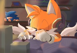 Size: 720x500 | Tagged: safe, artist:giaoux, miles "tails" prower, 2023, abstract background, cute, eyes closed, headphones, indoors, signature, sitting, sleeping, solo, stuffed animal, tailabetes