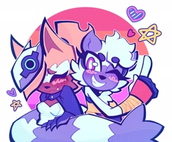 Size: 2048x1687 | Tagged: safe, artist:tailsnumber1fan, tangle the lemur, whisper the wolf, 2023, blushing, duo, heart, lesbian, lesbian pride, outline, pride, pride flag, shipping, smile, standing, star (symbol), tangle x whisper, wink, wrapped in tail