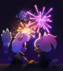 Size: 1809x2048 | Tagged: safe, artist:fakesonicfan, tangle the lemur, whisper the wolf, 2023, abstract background, duo, eyes closed, fireworks, lesbian, new years, nighttime, outdoors, shipping, sitting, smile, star (sky), tangle x whisper
