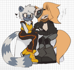 Size: 854x802 | Tagged: safe, artist:patmeowz, tangle the lemur, whisper the wolf, 2023, abstract background, blushing, checkered background, duo, heart, holding hands, lesbian, shipping, sitting, smile, tangle x whisper