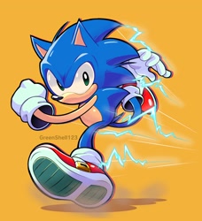 Size: 1870x2048 | Tagged: safe, artist:greenshell123, sonic the hedgehog, electricity, running, simple background, yellow background