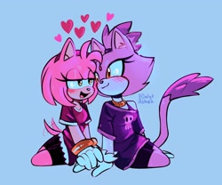 Size: 1802x1498 | Tagged: safe, artist:onlyastraa, amy rose, blaze the cat, cat, hedgehog, 2022, amy x blaze, bedroom eyes, blushing, cute, female, females only, hearts, holding hands, lesbian, looking at each other, mouth open, shipping