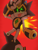 Size: 1998x2598 | Tagged: safe, artist:2x-smiles, shard the metal, black sclera, fire, glowing eyes, green eyes, looking at viewer, male, red background, robot, simple background, solo, standing, tongue out, v sign, wink