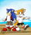 Size: 800x912 | Tagged: safe, artist:pandapaco, miles "tails" prower, sonic the hedgehog, clothes, duo, looking at each other, mouth open, open smile, outdoors, pants, pointing, shirt, shorts, smile, smiling at each other