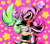 Size: 1736x1545 | Tagged: safe, artist:overlordneon, amy rose, surge the tenrec, hedgehog, tenrec, 2023, abstract background, duo, eyes closed, female, lesbian, lifting them, mouth open, one eye closed, outline, shipping, smile, standing, star (symbol), surgamy, wagging tail