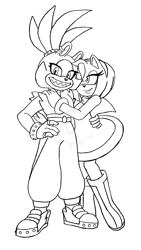 Size: 1152x2048 | Tagged: safe, artist:creechurr, amy rose, surge the tenrec, duo, holding each other, lesbian, line art, obtrusive watermark, shipping, simple background, smile, standing, surgamy, watermark, white background