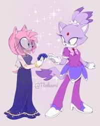 Size: 1080x1350 | Tagged: safe, artist:nokamichan, amy rose, blaze the cat, cat, hedgehog, 2023, amy x blaze, card, cute, dress, female, females only, lesbian, shipping, sparkles