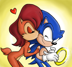 Size: 1212x1136 | Tagged: safe, artist:chadthecartoonnut, sally acorn, sonic the hedgehog, kiss on cheek, ring, sally x sonic, shipping, straight