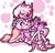 Size: 499x479 | Tagged: safe, artist:countaile, amy rose, blaze the cat, cat, hedgehog, 2021, :3, abstract background, amy x blaze, amy's halterneck dress, blaze's tailcoat, cute, duo, female, females only, hand on head, holding hands, kneeling, leaning back, lesbian, looking at each other, looking up at them, no pupils, shipping, sitting, smile, smiling at each other