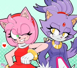 Size: 800x700 | Tagged: safe, artist:sp00kikiwi, amy rose, blaze the cat, cat, hedgehog, 2020, amy x blaze, amy's halterneck dress, blaze's tailcoat, cute, female, females only, heart, lesbian, one eye closed, shipping