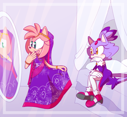 Size: 2180x2000 | Tagged: safe, artist:sp-rings, amy rose, blaze the cat, cat, hedgehog, 2017, amy x blaze, blaze's tailcoat, cute, dress, female, females only, lesbian, looking at them, mirror, shipping