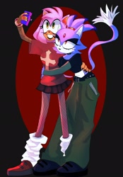 Size: 1424x2048 | Tagged: safe, artist:doomyuri, amy rose, blaze the cat, cat, hedgehog, 2022, amy x blaze, cute, female, females only, hugging, lesbian, phone, selfie, shipping