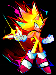 Size: 1540x2048 | Tagged: safe, artist:kuroiyuki96, sonic the hedgehog, super sonic, abstract background, clenched fist, flying, frown, looking at viewer, solo, super form