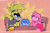 Size: 2048x1343 | Tagged: safe, artist:rosdevw2, amy rose, kit the fennec, surge the tenrec, abstract background, chair, eye clipping through hair, frown, grin, head tilt, heart, lesbian, lidded eyes, looking at each other, mouth open, open smile, shipping, signature, sitting, smile, surgamy, table, third wheel, trio