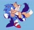 Size: 2048x1853 | Tagged: safe, artist:sonicattos, miles "tails" prower, sonic the hedgehog, blue background, blue shoes, clenched fist, duo, eyelashes, holding each other, hugging, looking at each other, simple background, smile, smiling at each other, standing