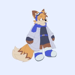 Size: 2048x2048 | Tagged: safe, artist:sonicattos, miles "tails" prower, belt, blue background, blue shoes, claws, clothes, fingerless gloves, goggles, looking offscreen, redesign, scarf, simple background, smile, solo, standing, trans female, transgender