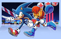 Size: 1290x830 | Tagged: safe, artist:artsriszi, sally acorn, sonic the hedgehog, balloon, duo, sally x sonic, shipping, twinkle park