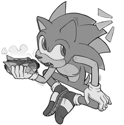 Size: 1740x1754 | Tagged: safe, artist:ghb_111, sonic the hedgehog, 2023, chili dog, fangs, greyscale, hand on knee, holding something, looking up, monochrome, mouth open, simple background, sitting, solo, tongue out, top surgery scars, trans male, transgender, white background