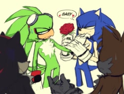 Size: 735x560 | Tagged: safe, artist:einnharder, jet the hawk, miles "tails" prower, shadow the hedgehog, sonic the hedgehog, awkward, dialogue, english text, flower, frown, gay, group, heart, holding something, jet x sonic, lidded eyes, shipping, simple background, smile, speech bubble, standing, sweatdrop