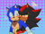 Size: 2048x1536 | Tagged: dead source, safe, artist:saikkie, shadow the hedgehog, sonic the hedgehog, hedgehog, abstract background, blushing, bust, cross popping vein, duo, gay, hugging from behind, male, possessive, question mark, shadow x sonic, shipping, signature, squiggle, sweatdrop, top surgery scars, trans male, transgender, yellow sclera
