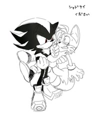 Size: 465x604 | Tagged: artist needed, safe, miles "tails" prower, shadow the hedgehog, black and white, blushing, carrying them, duo, gay, japanese text, looking at each other, mouth open, shadow x tails, shipping, simple background, standing, sweatdrop, white background