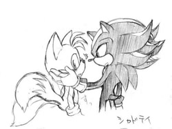 Size: 720x538 | Tagged: artist needed, safe, miles "tails" prower, shadow the hedgehog, gay, hand on another's face, japanese text, looking at them, looking away, shadow x tails, shipping, simple background, sketch, solo, standing, white background