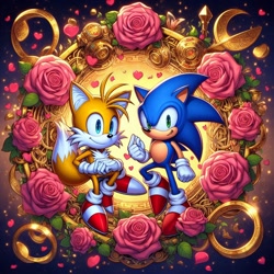 Size: 1024x1024 | Tagged: safe, ai art, miles "tails" prower, sonic the hedgehog, 2023, abstract background, duo, flower, gay, heart, looking at viewer, petals, prompter:foxdelfi, ring, rose, shipping, smile, sonic x tails, third leg