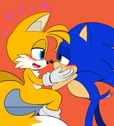 Size: 1080x1200 | Tagged: safe, artist:riri_galpal, miles "tails" prower, sonic the hedgehog, 2023, blushing, duo, flat colors, gay, hands on another's face, leaning in, lidded eyes, looking at each other, musical note, musical notes, red background, shipping, simple background, singing, sitting, sonic x tails