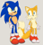 Size: 620x643 | Tagged: dead source, safe, artist:chaoparks, miles "tails" prower, sonic the hedgehog, chest fluff, duo, grey background, looking ahead, looking at them, mouth open, one fang, simple background, standing