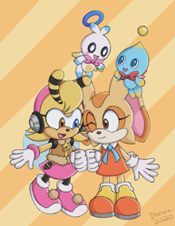 Size: 1537x1995 | Tagged: safe, artist:itoruna-the-platypus, cheese (chao), cream the rabbit, saffron bee, chao, fistbump, group, hero chao, heterochromia, neutral chao, striped background