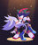 Size: 2869x3300 | Tagged: safe, artist:bdugo7, shadow the hedgehog, silver the hedgehog, hedgehog, 2022, abstract background, commission, dancing, duo, frown, gay, holding them, looking at each other, male, shadow x silver, shipping, spotlight