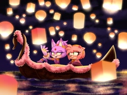 Size: 2048x1536 | Tagged: safe, artist:narf-so, amy rose, blaze the cat, cat, hedgehog, 2022, amy x blaze, boat, cute, female, females only, lesbian, looking at them, shipping