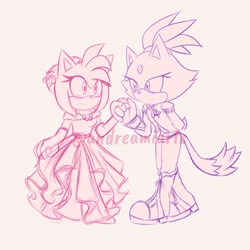 Size: 2048x2048 | Tagged: safe, artist:any_katse, amy rose, blaze the cat, cat, hedgehog, 2021, amy x blaze, cute, dress, female, females only, holding hands, lesbian, looking at each other, shipping, sketch