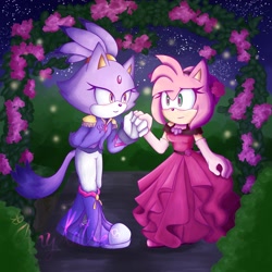 Size: 2048x2048 | Tagged: safe, artist:any_katse, amy rose, blaze the cat, cat, hedgehog, 2021, alternate version, amy x blaze, cute, dress, female, females only, holding hands, lesbian, looking at each other, shipping