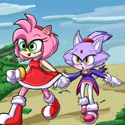 Size: 1024x1024 | Tagged: safe, artist:_ryder_otd_, amy rose, blaze the cat, cat, hedgehog, 2020, amy x blaze, amy's halterneck dress, blaze's tailcoat, blushing, cute, female, females only, holding hands, lesbian, shipping, walking