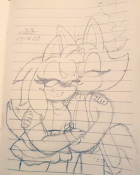 Size: 1080x1350 | Tagged: safe, artist:nighty-night-nh, amy rose, blaze the cat, cat, hedgehog, 2020, amy x blaze, cute, eyes closed, female, females only, hand on shoulder, lesbian, line art, mouth open, shipping, sketch, traditional media