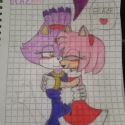 Size: 1080x1080 | Tagged: safe, artist:alondramurabaltierra, amy rose, blaze the cat, cat, hedgehog, 2021, amy x blaze, amy's halterneck dress, blaze's tailcoat, blushing, cute, eyes closed, female, females only, heart, hugging, lesbian, shipping, traditional media