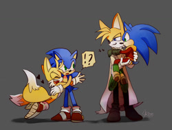 Size: 1280x971 | Tagged: safe, artist:lujji, miles "tails" prower, sonic the hedgehog, zonic the zone cop, aged up, carrying them, exclamation mark, frown, gay, grey background, group, heart, hugging, looking at each other, older, question mark, self paradox, shadow (lighting), shipping, signature, simple background, smile, sonic x tails, zails, zontails