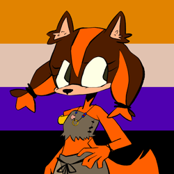 Size: 1080x1080 | Tagged: safe, artist:nonbinary-sticks-the-badger, sticks the badger, alternate eye color, ear fluff, green eyes, hand on hip, looking offscreen, nonbinary, nonbinary pride, pride, pride flag, pride flag background, solo