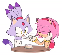 Size: 1700x1500 | Tagged: safe, artist:chimialotl, amy rose, blaze the cat, cat, hedgehog, 2023, amy x blaze, amy's halterneck dress, cake, cute, eyes closed, feeding, female, females only, lesbian, shipping, spoon