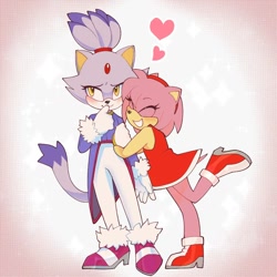 Size: 1080x1080 | Tagged: safe, artist:daffidaizy, amy rose, blaze the cat, cat, hedgehog, 2023, amy x blaze, amy's halterneck dress, blaze's tailcoat, cute, eyes closed, female, females only, hearts, holding arm, lesbian, shipping