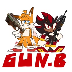 Size: 1249x1244 | Tagged: safe, artist:konicunai, miles "tails" prower, shadow the hedgehog, 2023, duo, frown, gay, gun, holding something, looking at viewer, shadow x tails, shipping, signature, simple background, smile, white background