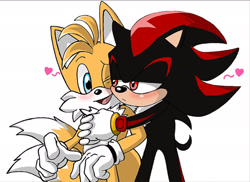 Size: 1920x1395 | Tagged: safe, artist:carolus04010856, miles "tails" prower, sonic the hedgehog, 2023, blushing, cute, duo, gay, heart, hugging, lidded eyes, looking at each other, one eye closed, shadow x tails, shadowbetes, shipping, simple background, standing, tailabetes, white background